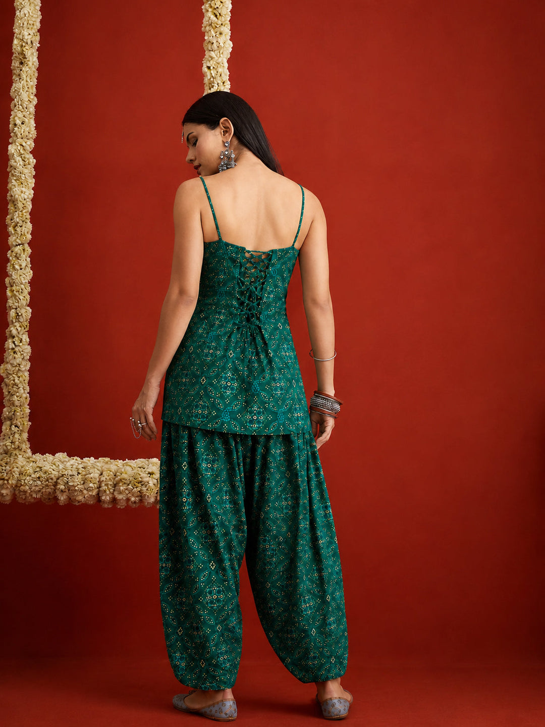 Green Bandhej Printed Reyon Straight Short Kurti With Farshi Salwar