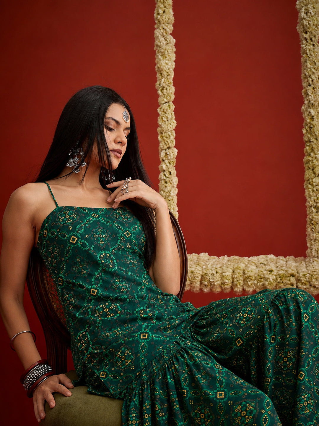Green Bandhej Printed Reyon Straight Short Kurti With Farshi Salwar