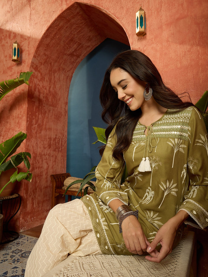 Green Palm Tree Printed Rayon A-Line Kurti With Farshi Salwar Set