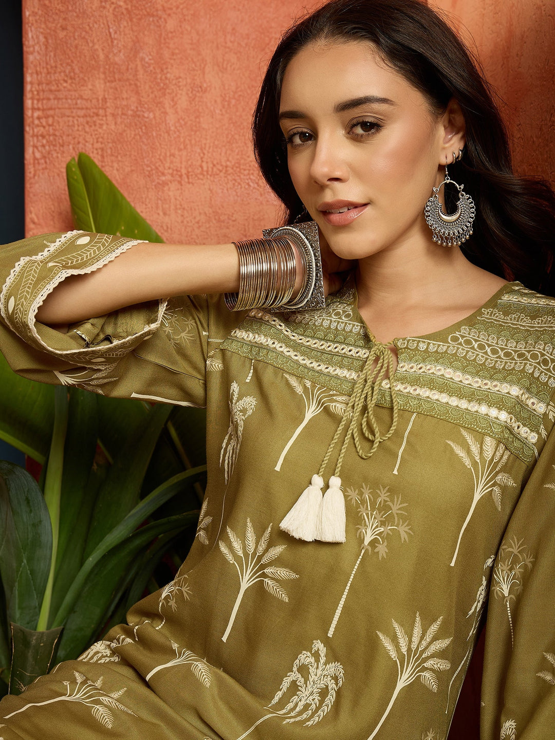 Green Palm Tree Printed Rayon A-Line Kurti With Farshi Salwar Set