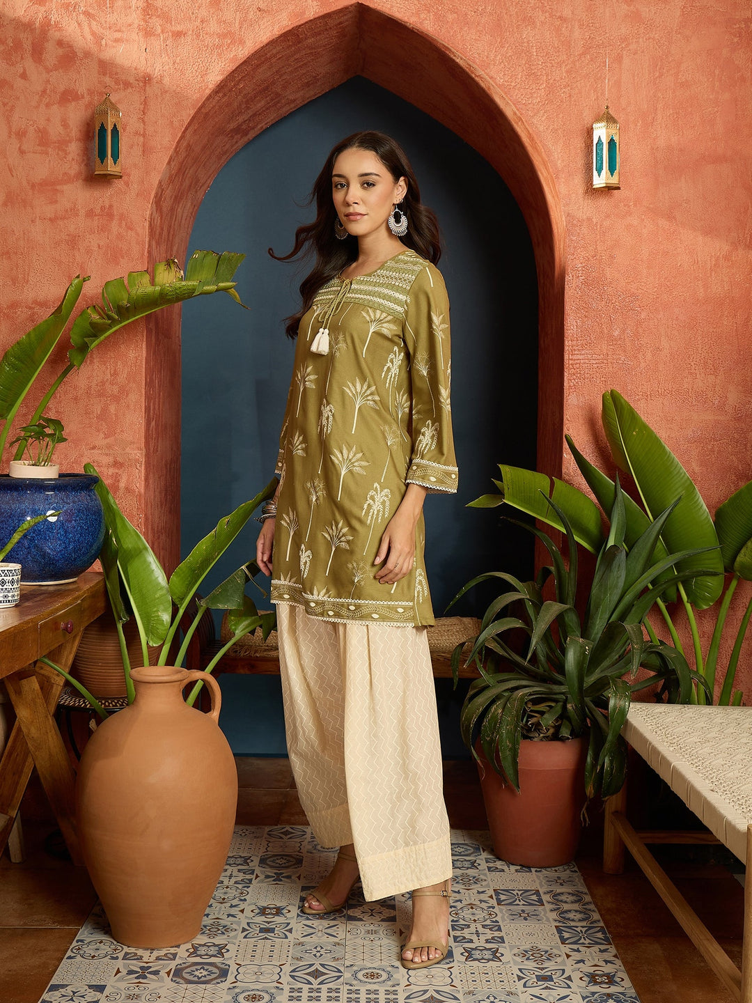 Green Palm Tree Printed Rayon A-Line Kurti With Farshi Salwar Set