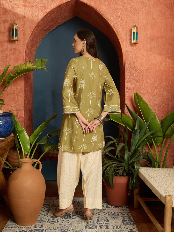 Green Palm Tree Printed Rayon A-Line Kurti With Farshi Salwar Set