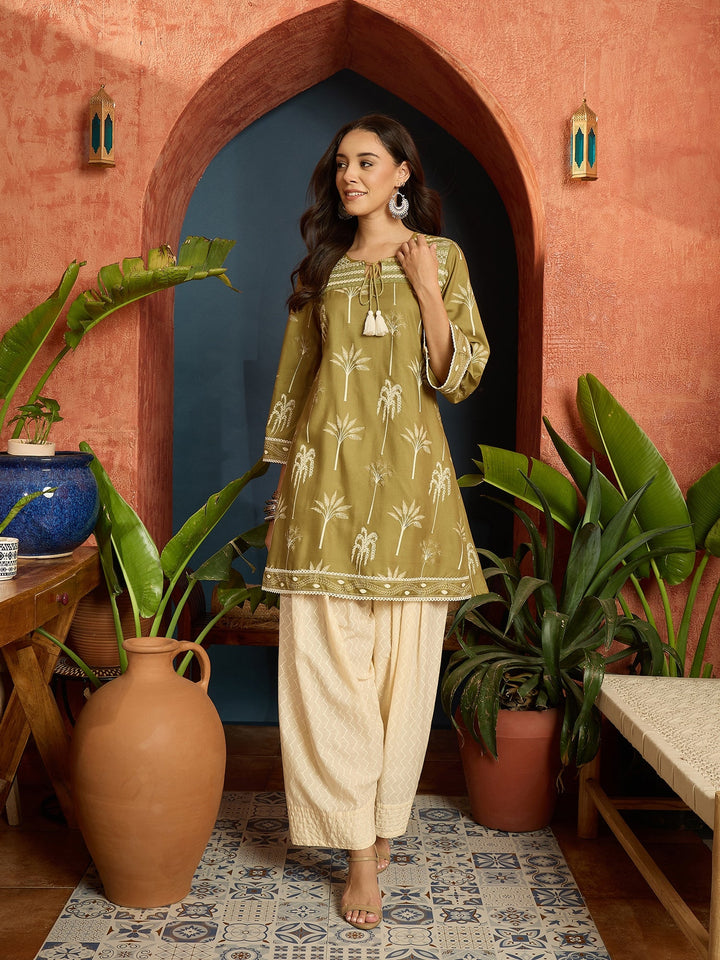 Green Palm Tree Printed Rayon A-Line Kurti With Farshi Salwar Set