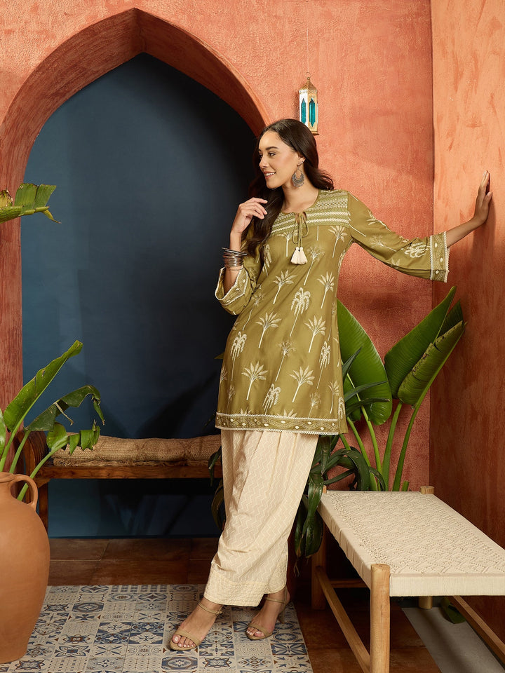Green Palm Tree Printed Rayon A-Line Kurti With Farshi Salwar Set