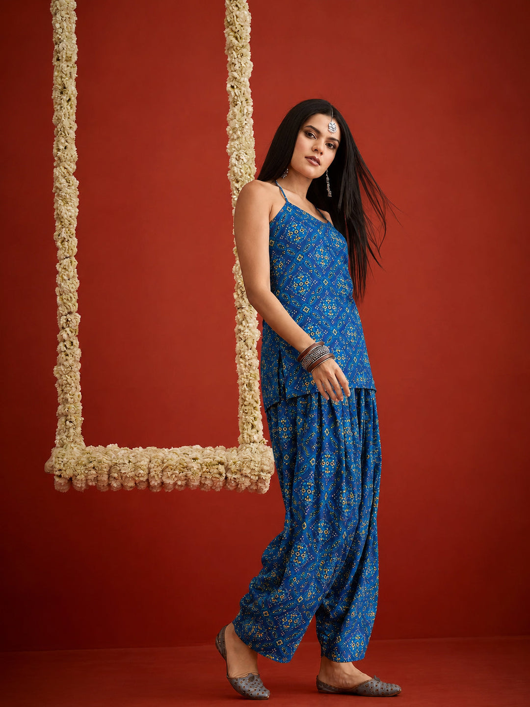 Navy Bandhej Printed Reyon Straight Short Kurti With Farshi Salwar