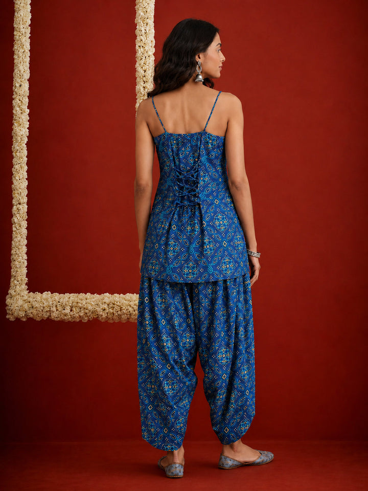 Navy Bandhej Printed Reyon Straight Short Kurti With Farshi Salwar