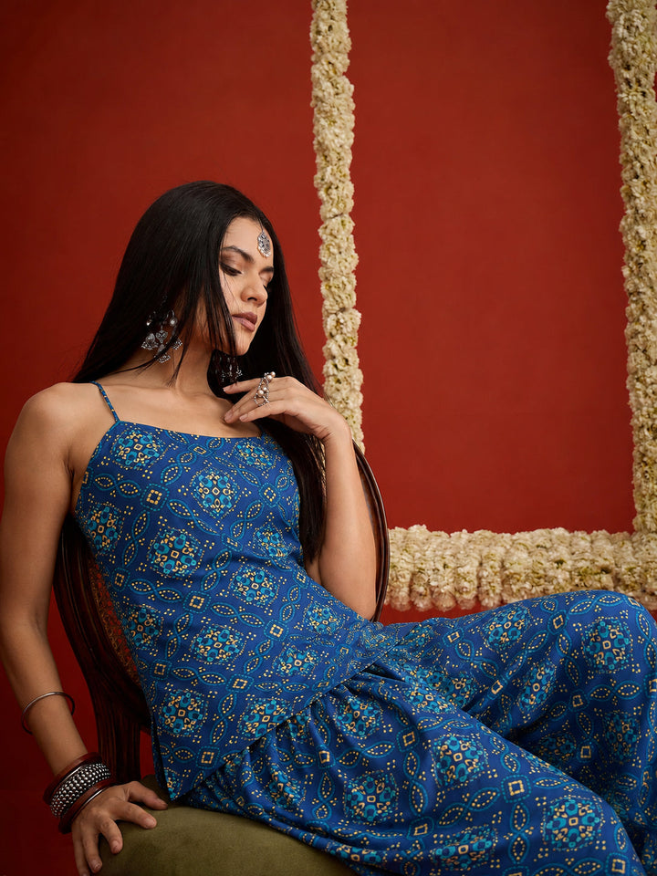 Navy Bandhej Printed Reyon Straight Short Kurti With Farshi Salwar
