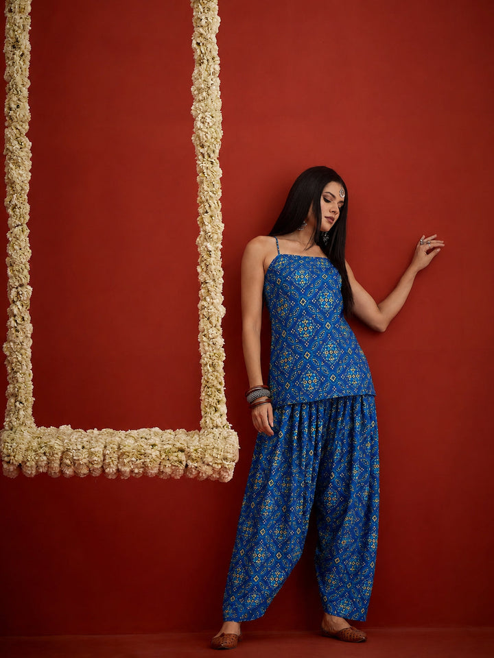 Navy Bandhej Printed Reyon Straight Short Kurti With Farshi Salwar