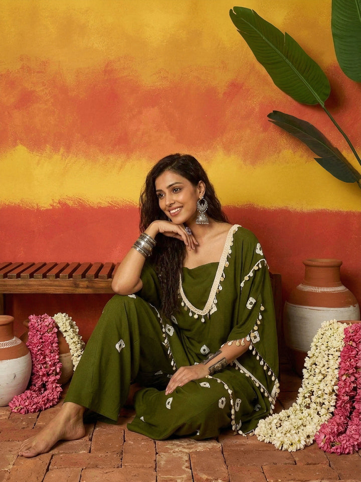 Dark Green Bandhej Printed Rayon Kaftan Tube Top Sharara Set