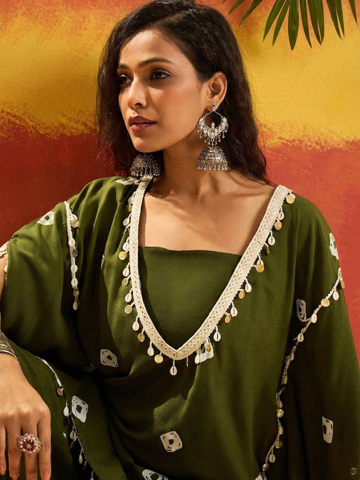 Dark Green Bandhej Printed Rayon Kaftan Tube Top Sharara Set