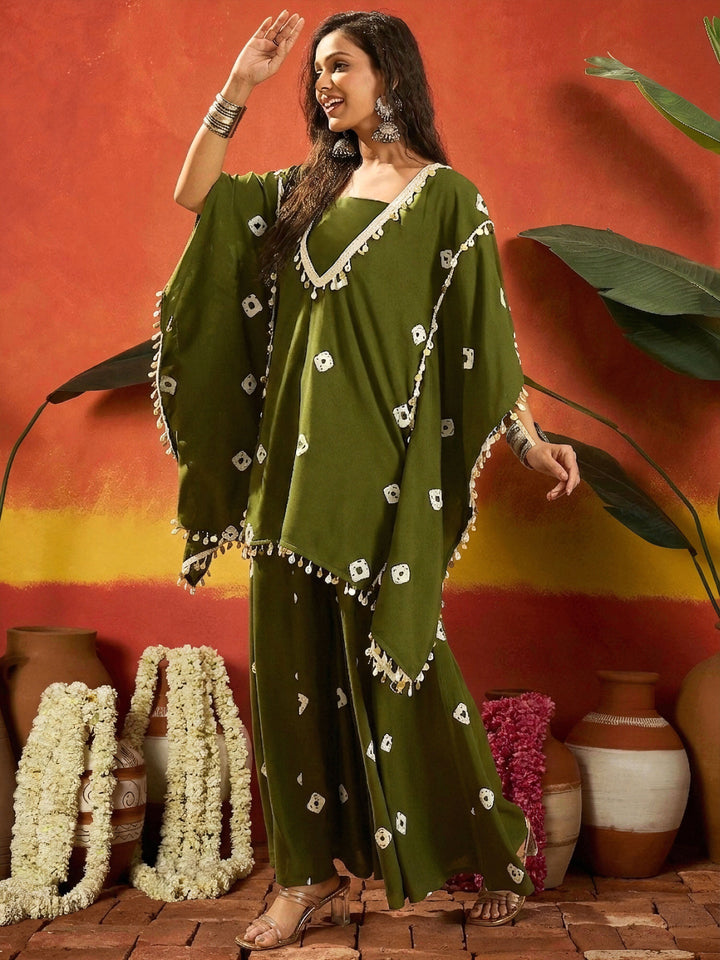 Dark Green Bandhej Printed Rayon Kaftan Tube Top Sharara Set