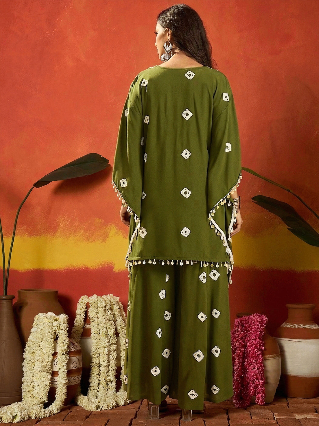 Dark Green Bandhej Printed Rayon Kaftan Tube Top Sharara Set