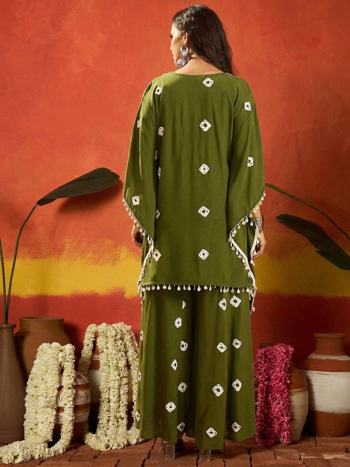Dark Green Bandhej Printed Rayon Kaftan Tube Top Sharara Set