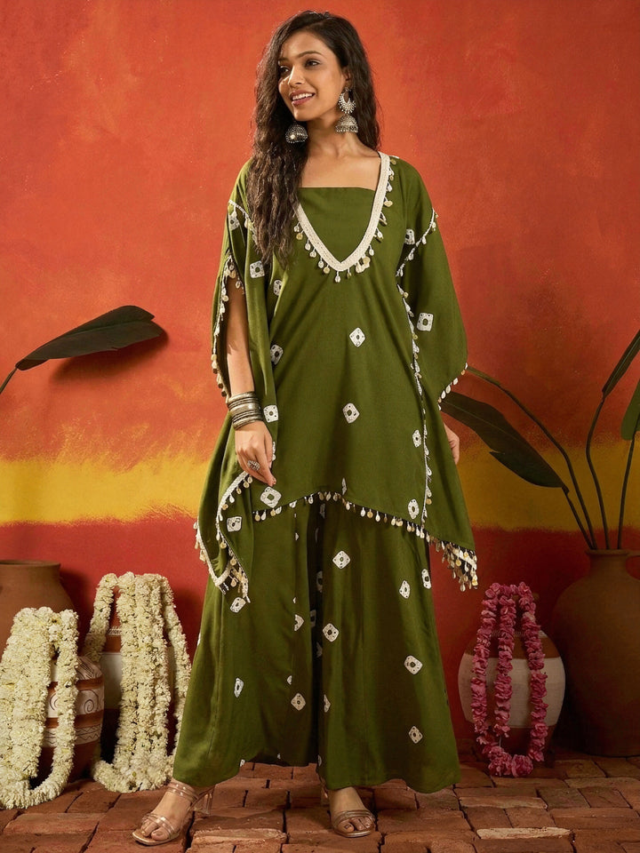 Dark Green Bandhej Printed Rayon Kaftan Tube Top Sharara Set