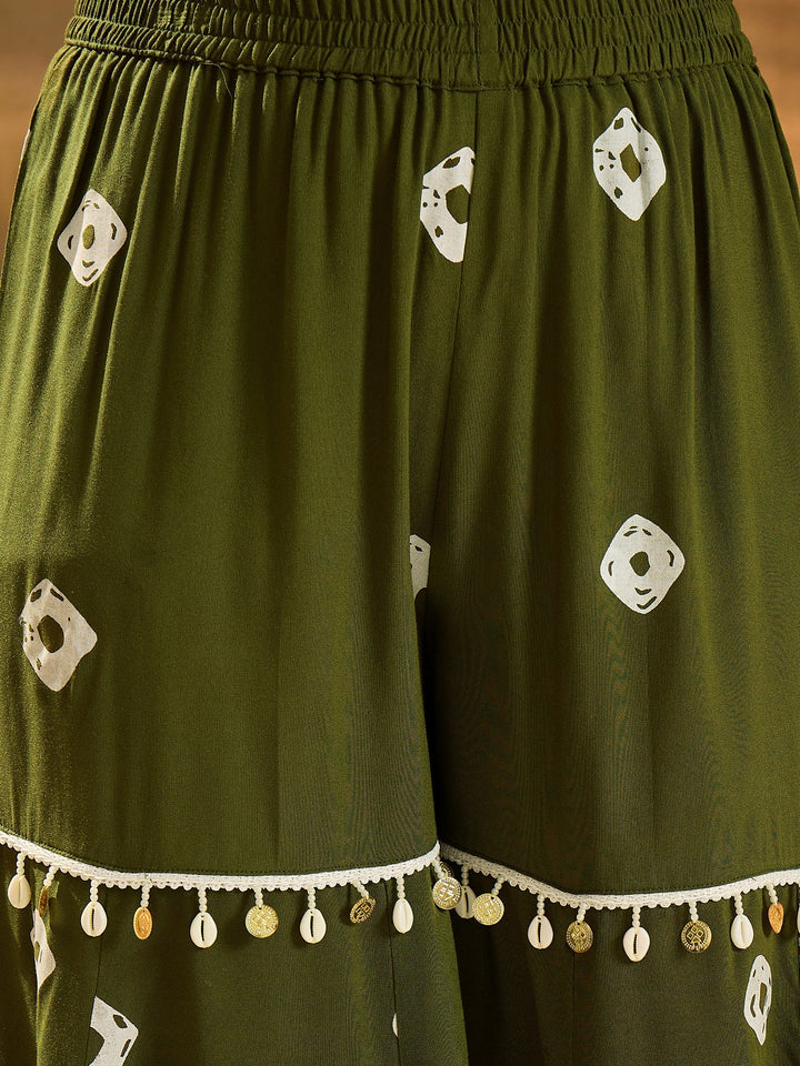 Dark Green Bandhej Printed Rayon Kaftan Tube Top Sharara Set