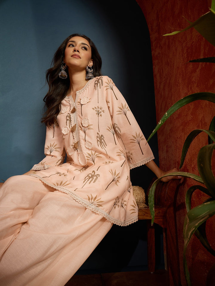 Peach Palm Tree Printed Pure Cotton A-Line Short Kurti With Farshi Salwar Set