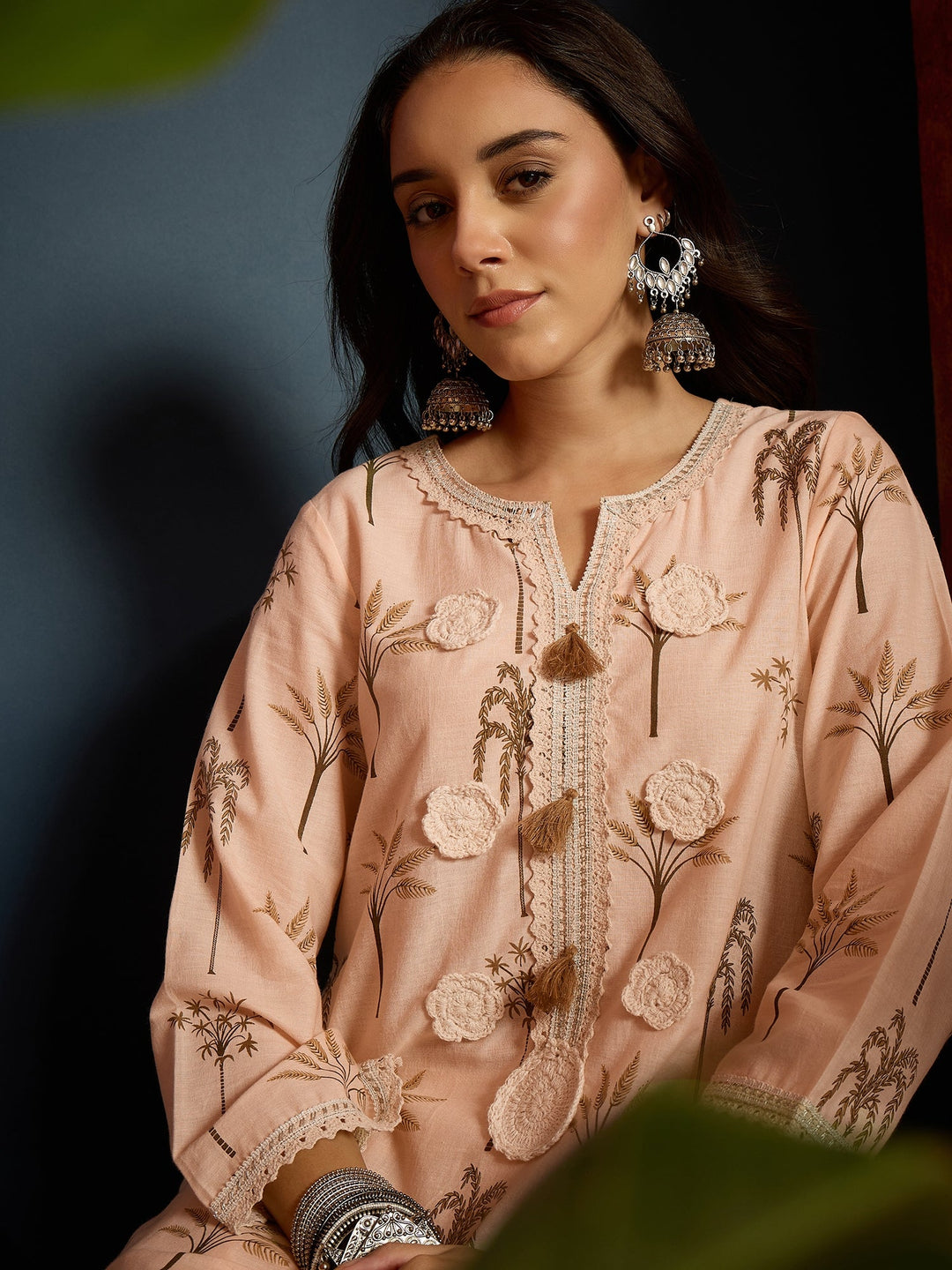 Peach Palm Tree Printed Pure Cotton A-Line Short Kurti With Farshi Salwar Set