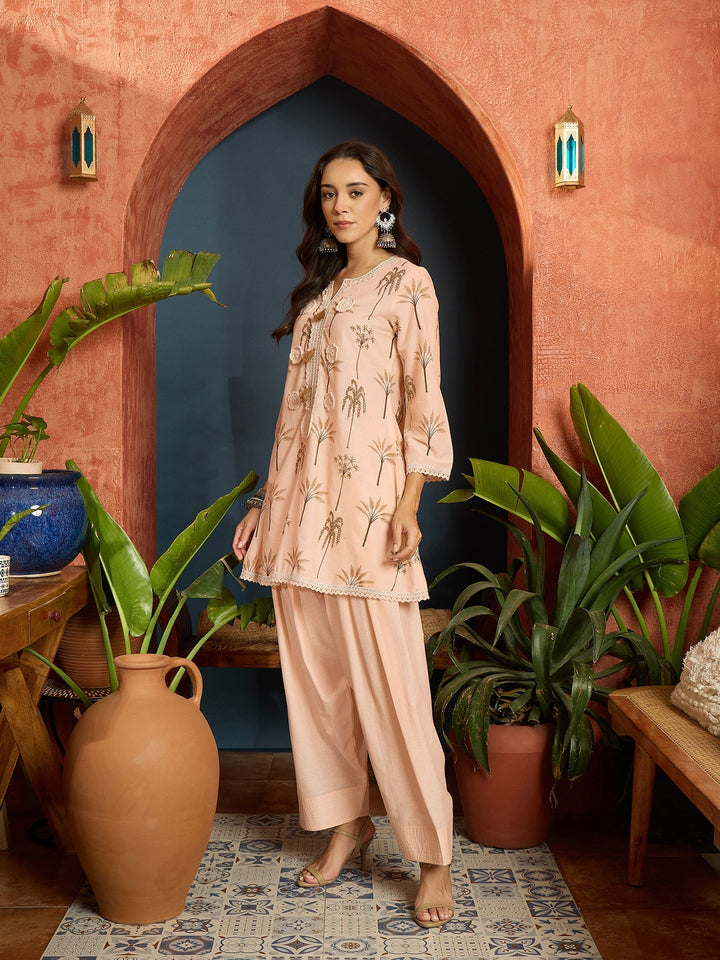 Peach Palm Tree Printed Pure Cotton A-Line Short Kurti With Farshi Salwar Set