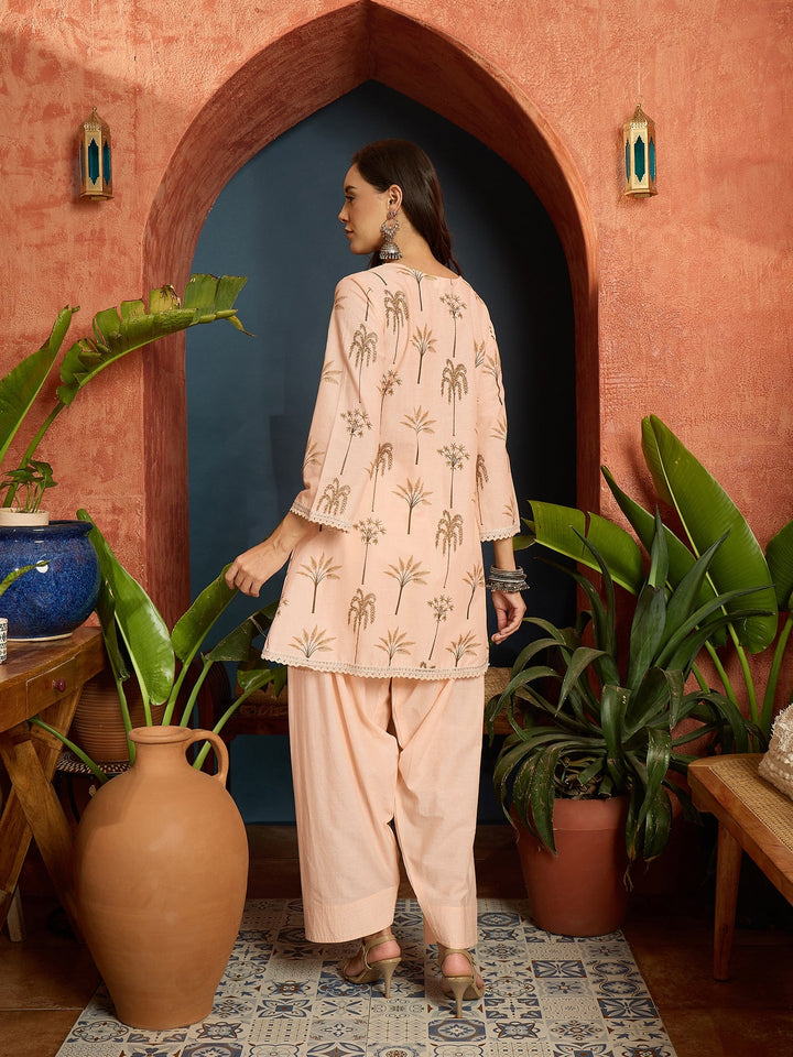 Peach Palm Tree Printed Pure Cotton A-Line Short Kurti With Farshi Salwar Set