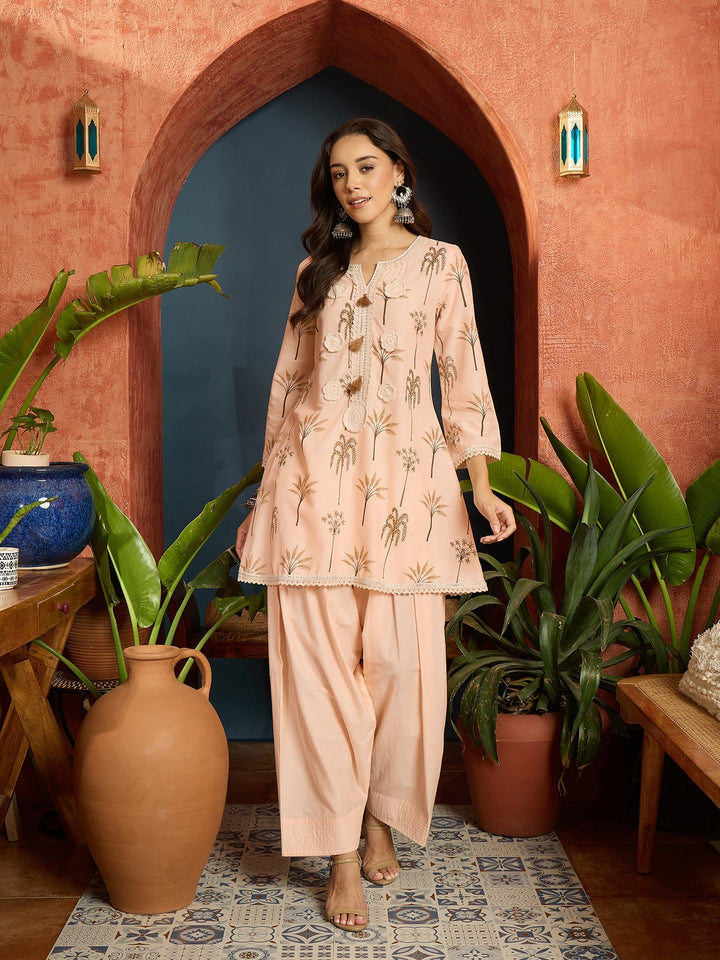Peach Palm Tree Printed Pure Cotton A-Line Short Kurti With Farshi Salwar Set