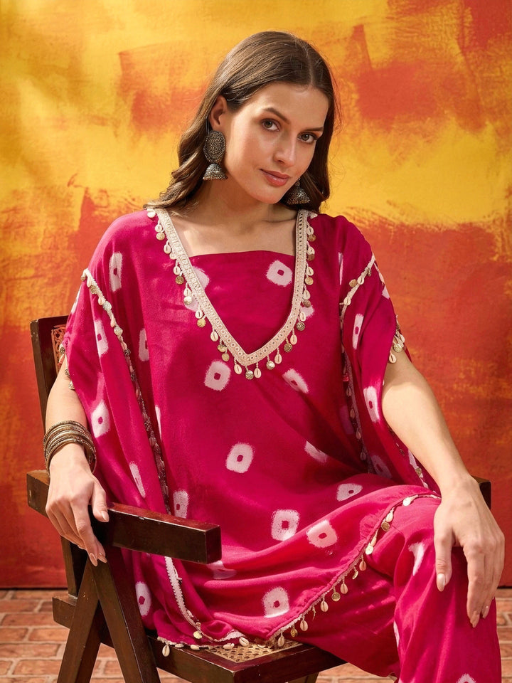 Pink Bandhej Printed Rayon Kaftan Tube Top Sharara Set