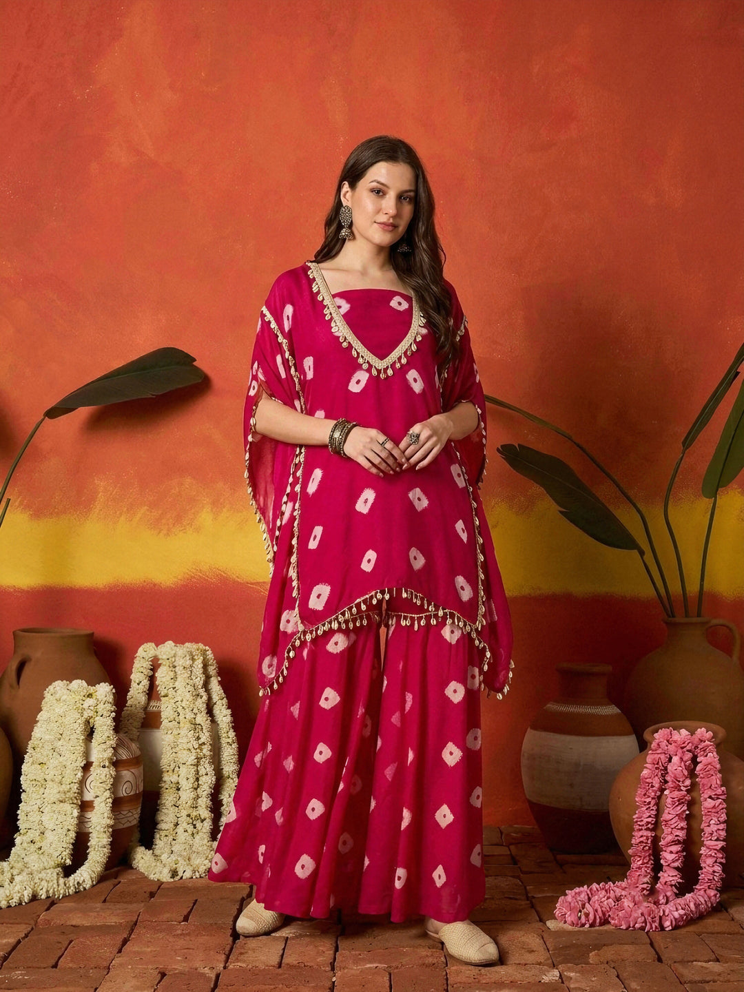 Pink Bandhej Printed Rayon Kaftan Tube Top Sharara Set