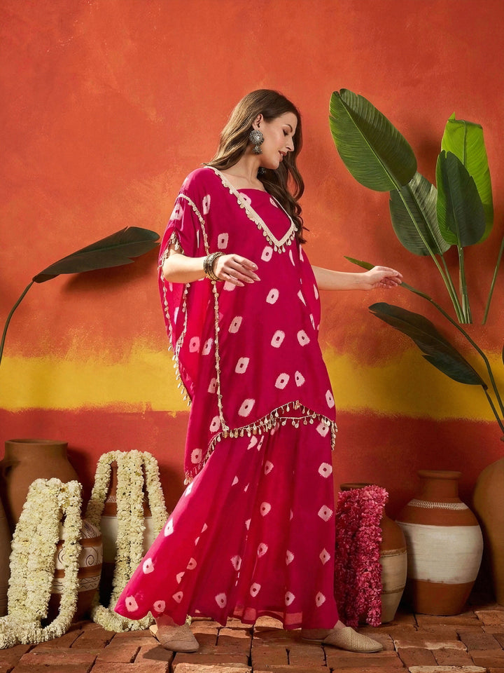 Pink Bandhej Printed Rayon Kaftan Tube Top Sharara Set