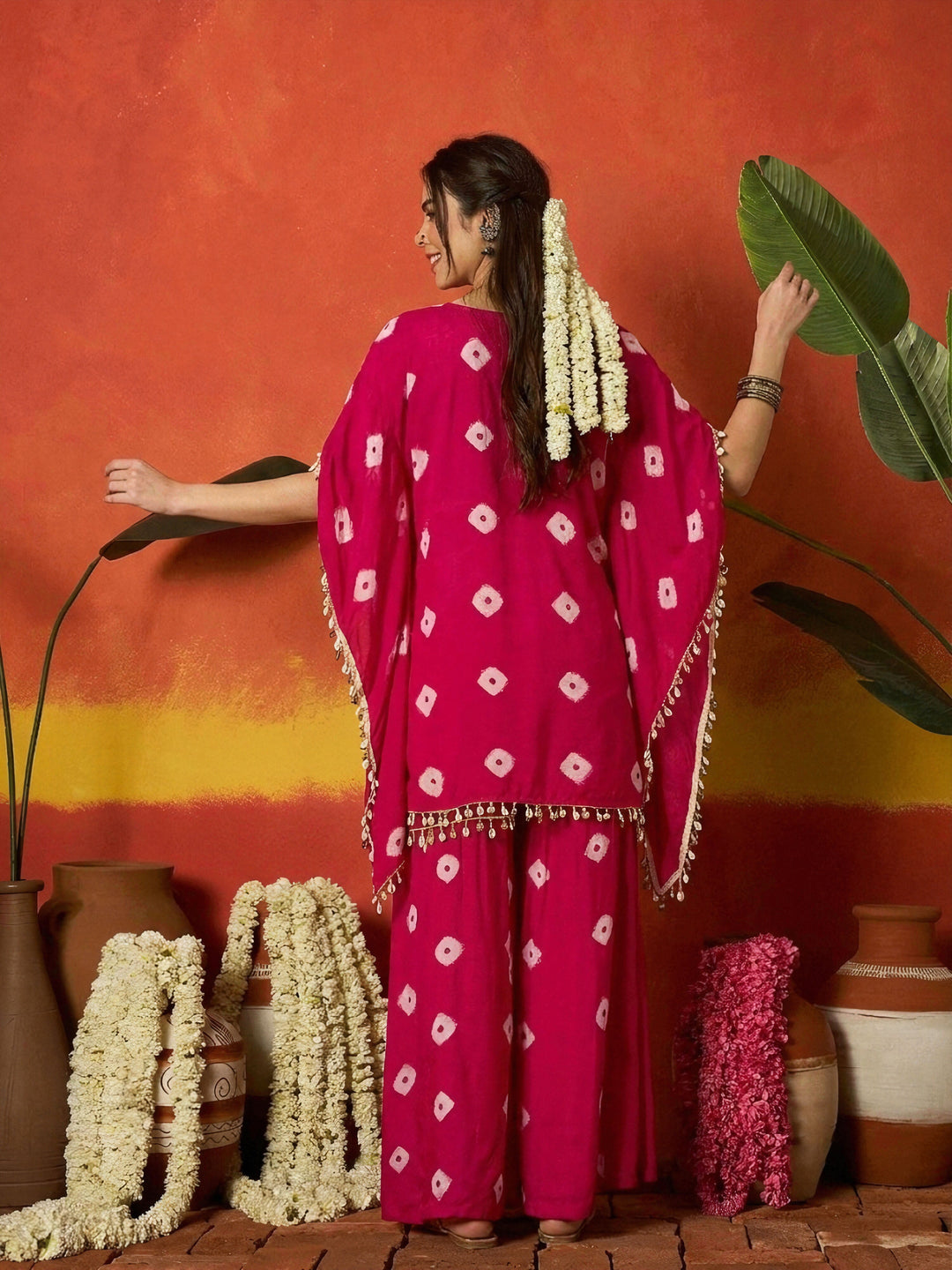 Pink Bandhej Printed Rayon Kaftan Tube Top Sharara Set