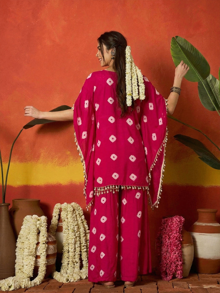 Pink Bandhej Printed Rayon Kaftan Tube Top Sharara Set