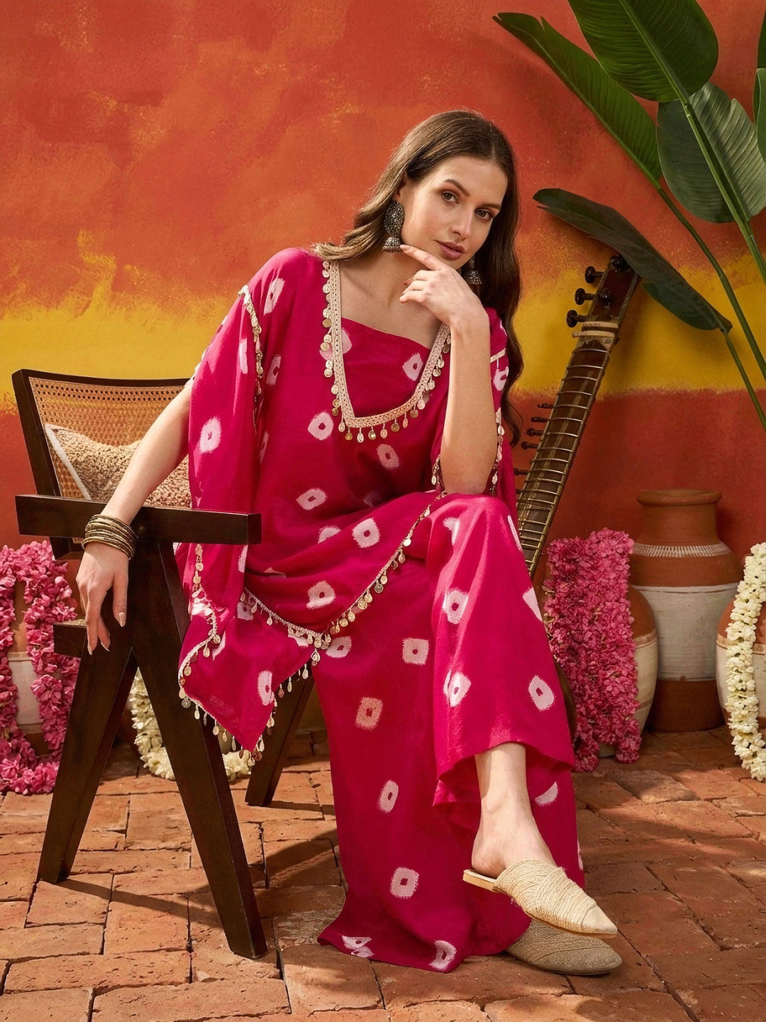 Pink Bandhej Printed Rayon Kaftan Tube Top Sharara Set