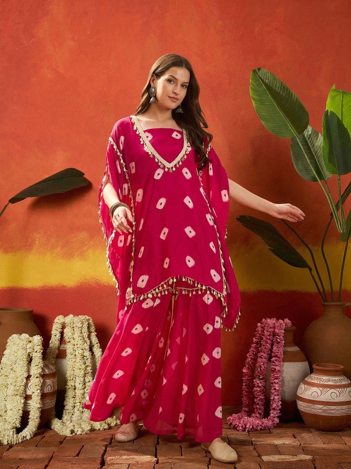 Pink Bandhej Printed Rayon Kaftan Tube Top Sharara Set