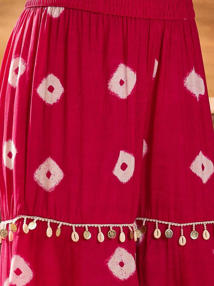 Pink Bandhej Printed Rayon Kaftan Tube Top Sharara Set