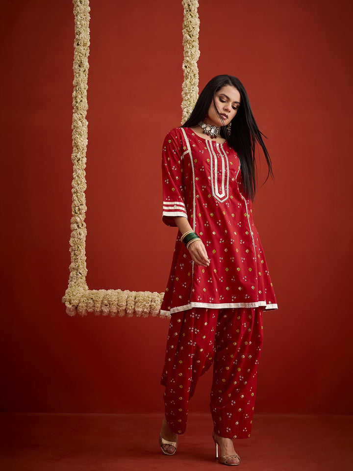 Red Bandhej Printed Rayon A-Line Kurti With Farshi Salwar
