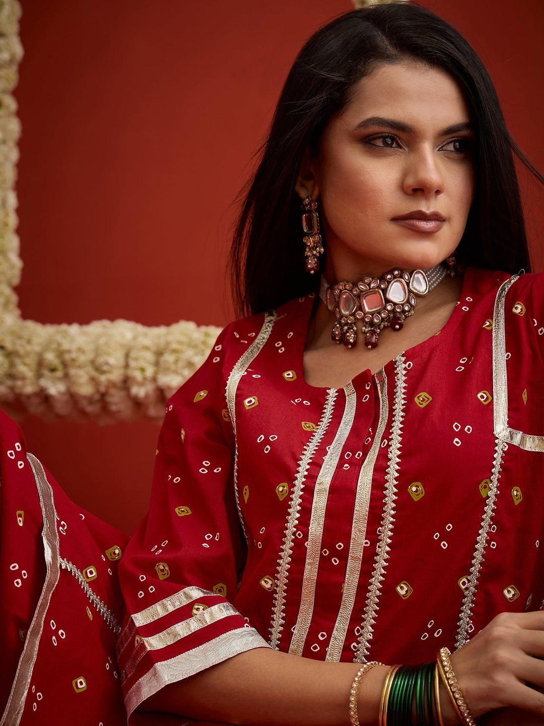 Red Bandhej Printed Rayon A-Line Kurti With Farshi Salwar