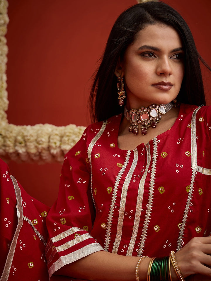 Red Bandhej Printed Rayon A-Line Kurti With Farshi Salwar
