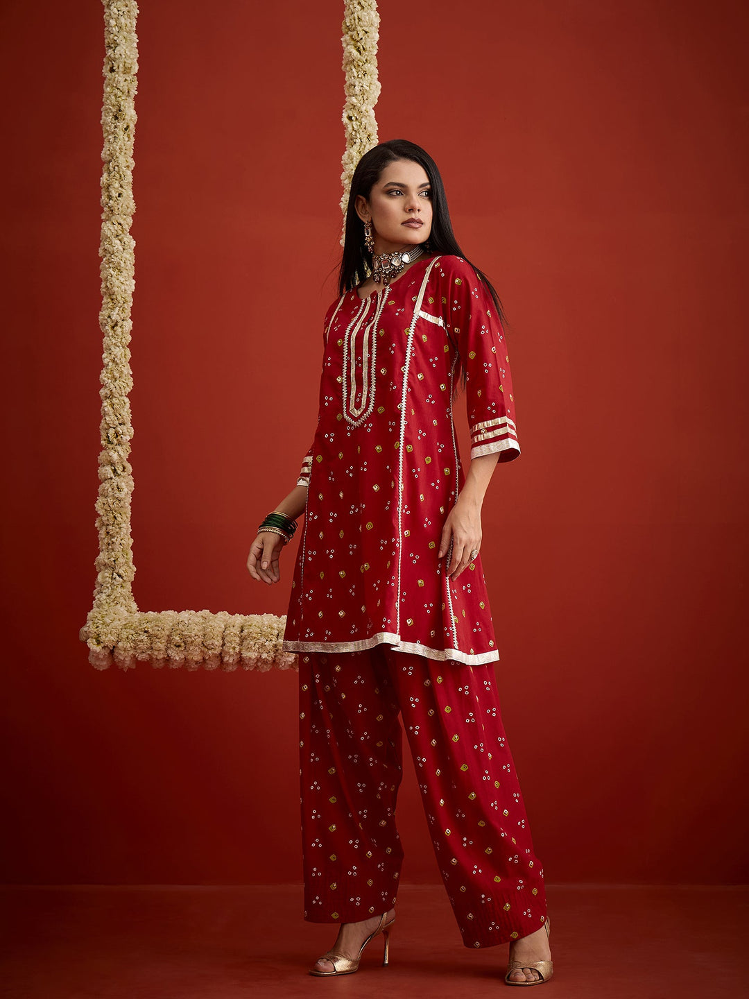Red Bandhej Printed Rayon A-Line Kurti With Farshi Salwar