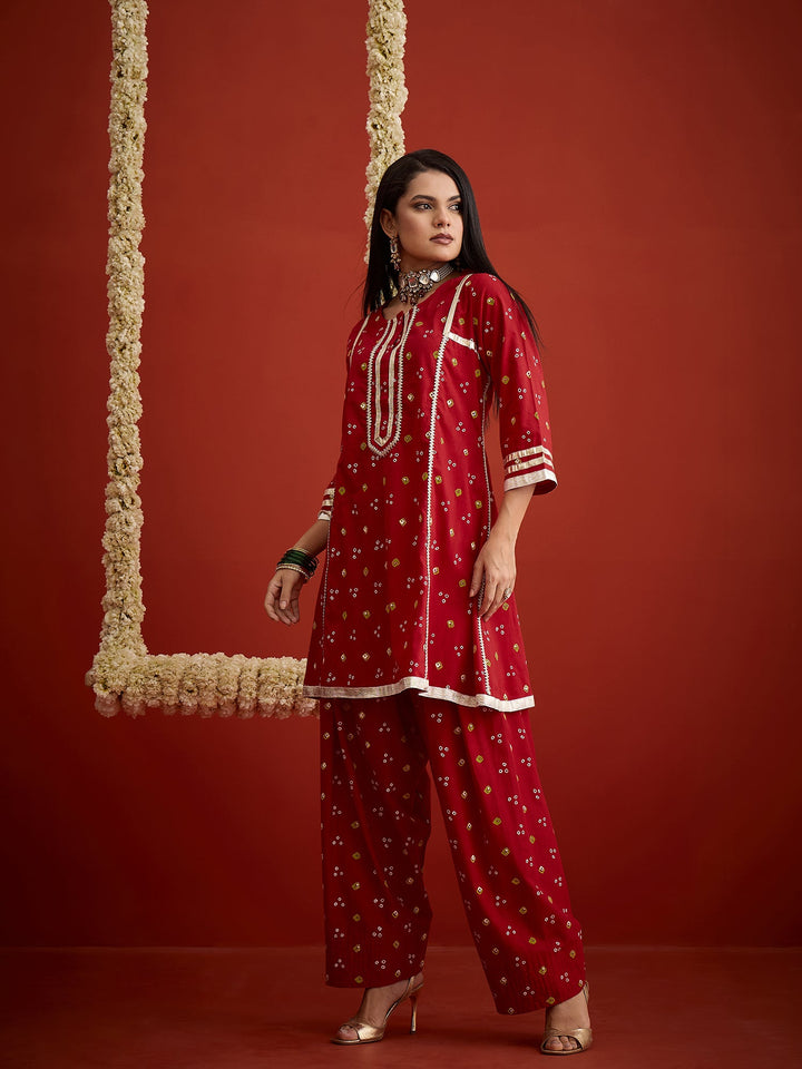 Red Bandhej Printed Rayon A-Line Kurti With Farshi Salwar