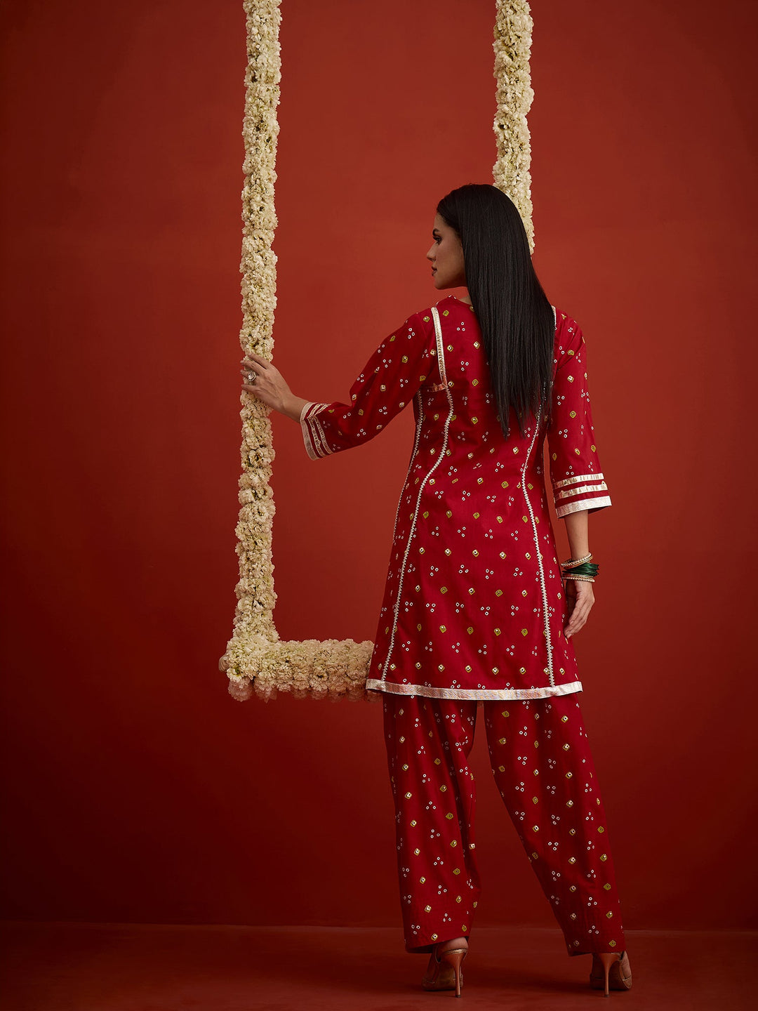 Red Bandhej Printed Rayon A-Line Kurti With Farshi Salwar