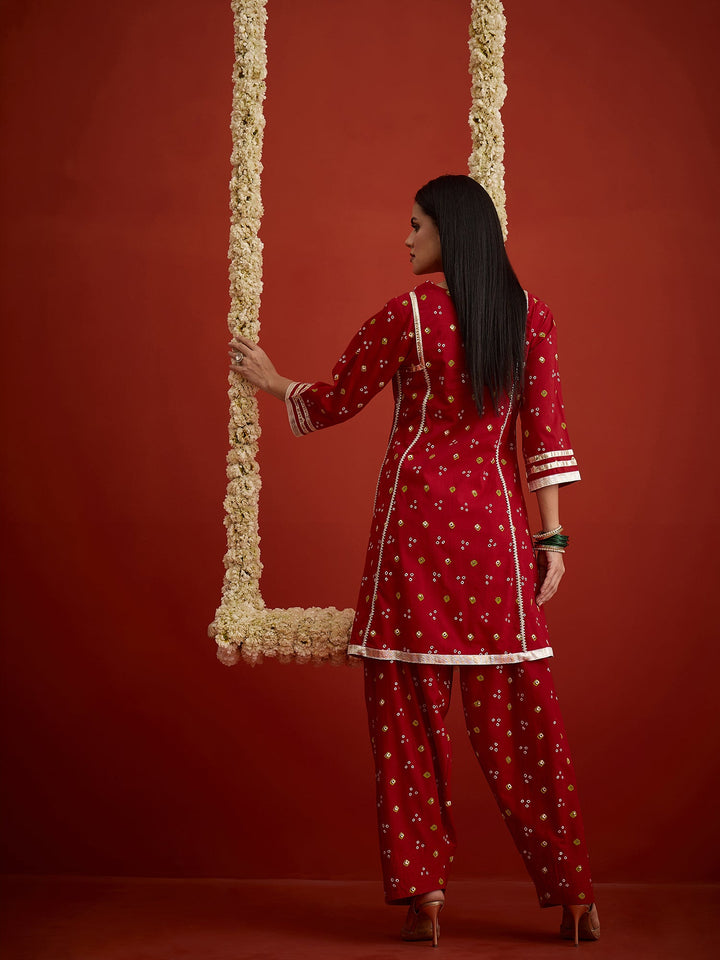 Red Bandhej Printed Rayon A-Line Kurti With Farshi Salwar