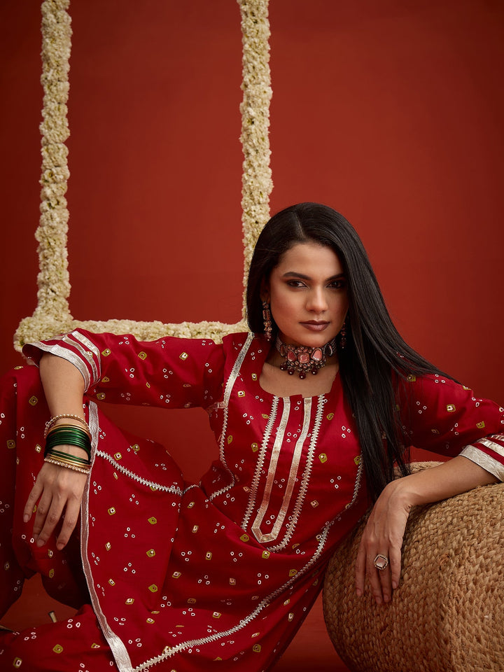 Red Bandhej Printed Rayon A-Line Kurti With Farshi Salwar