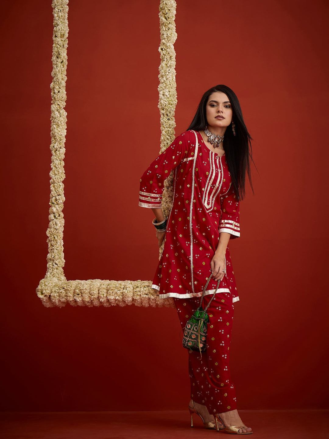 Red Bandhej Printed Rayon A-Line Kurti With Farshi Salwar