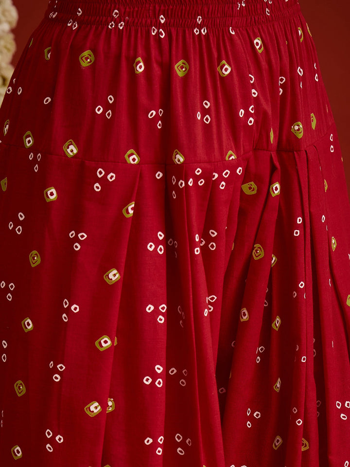 Red Bandhej Printed Rayon A-Line Kurti With Farshi Salwar
