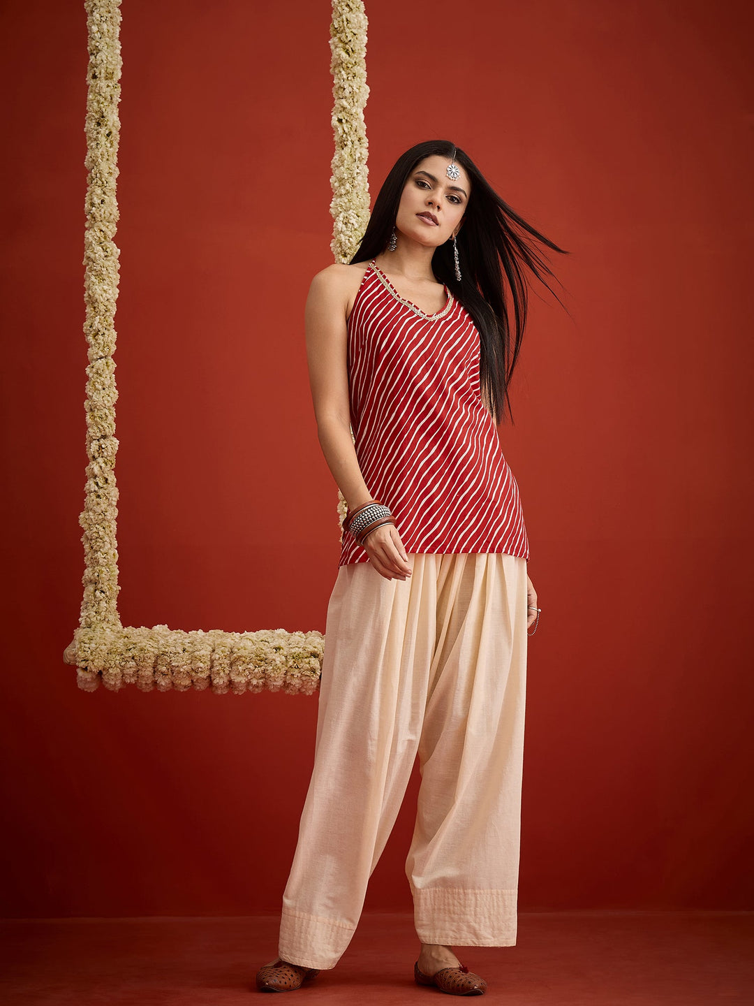 Red Leheriya Printed Cotton Straight Short Kurti With Farshi Salwar