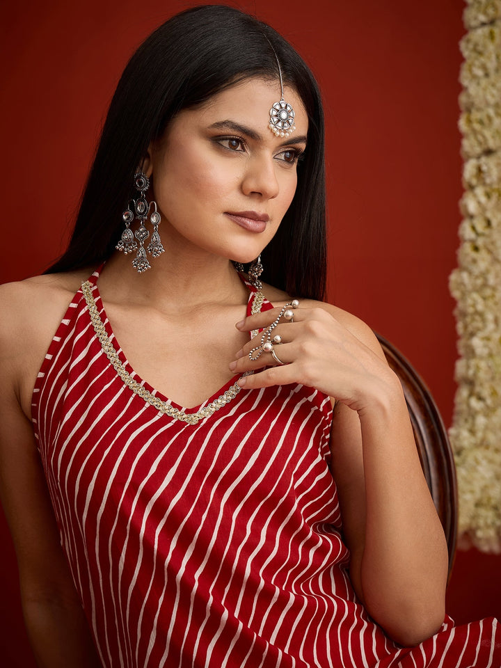 Red Leheriya Printed Cotton Straight Short Kurti With Farshi Salwar