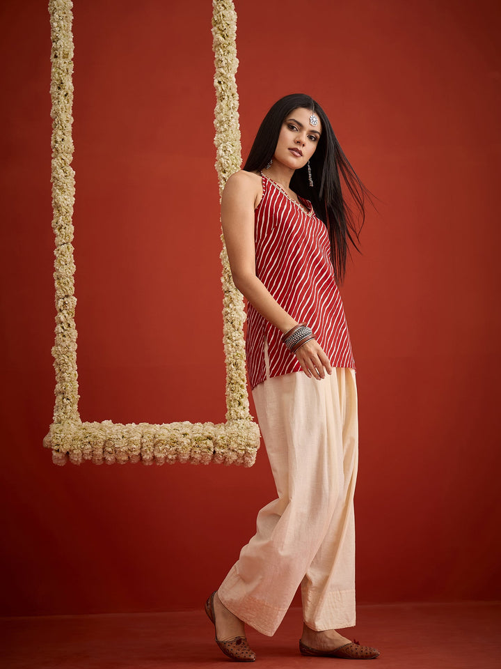 Red Leheriya Printed Cotton Straight Short Kurti With Farshi Salwar