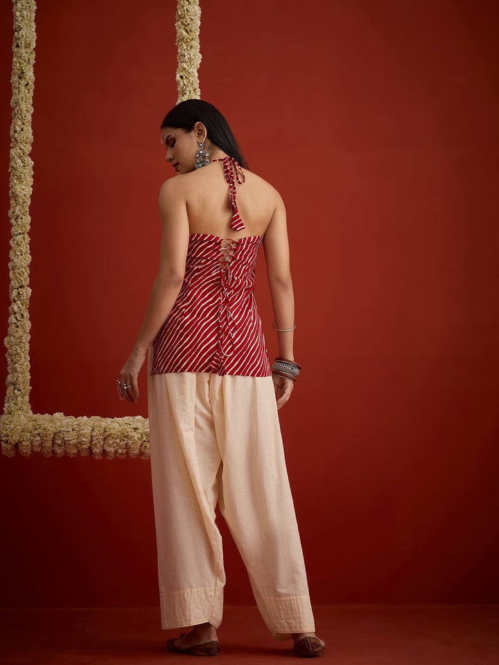 Red Leheriya Printed Cotton Straight Short Kurti With Farshi Salwar