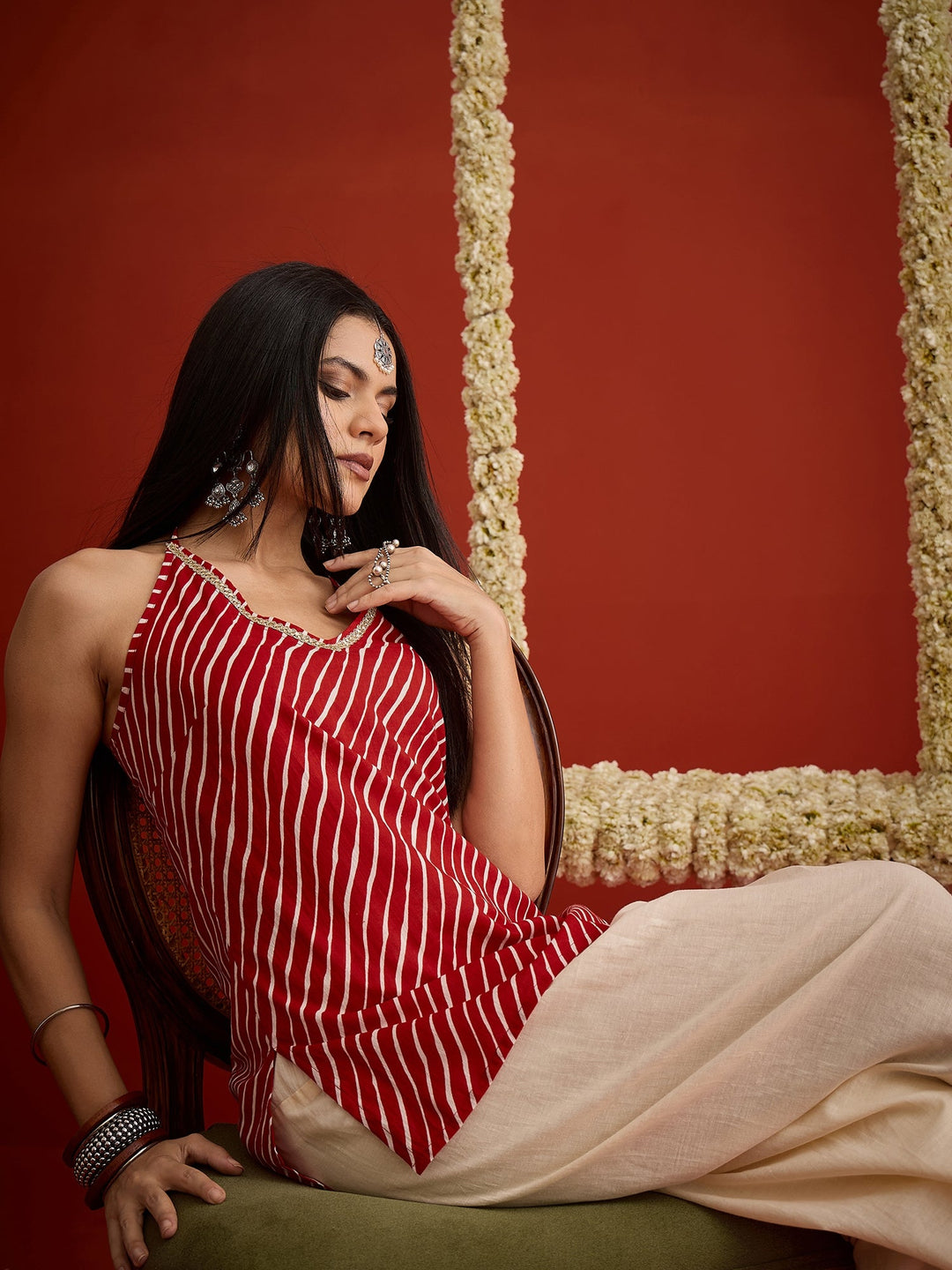 Red Leheriya Printed Cotton Straight Short Kurti With Farshi Salwar