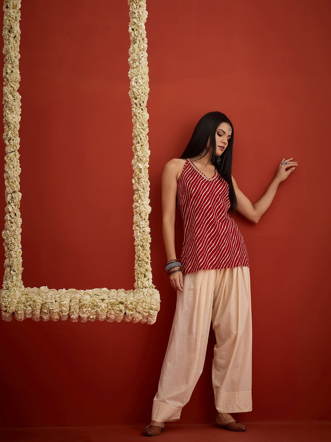 Red Leheriya Printed Cotton Straight Short Kurti With Farshi Salwar