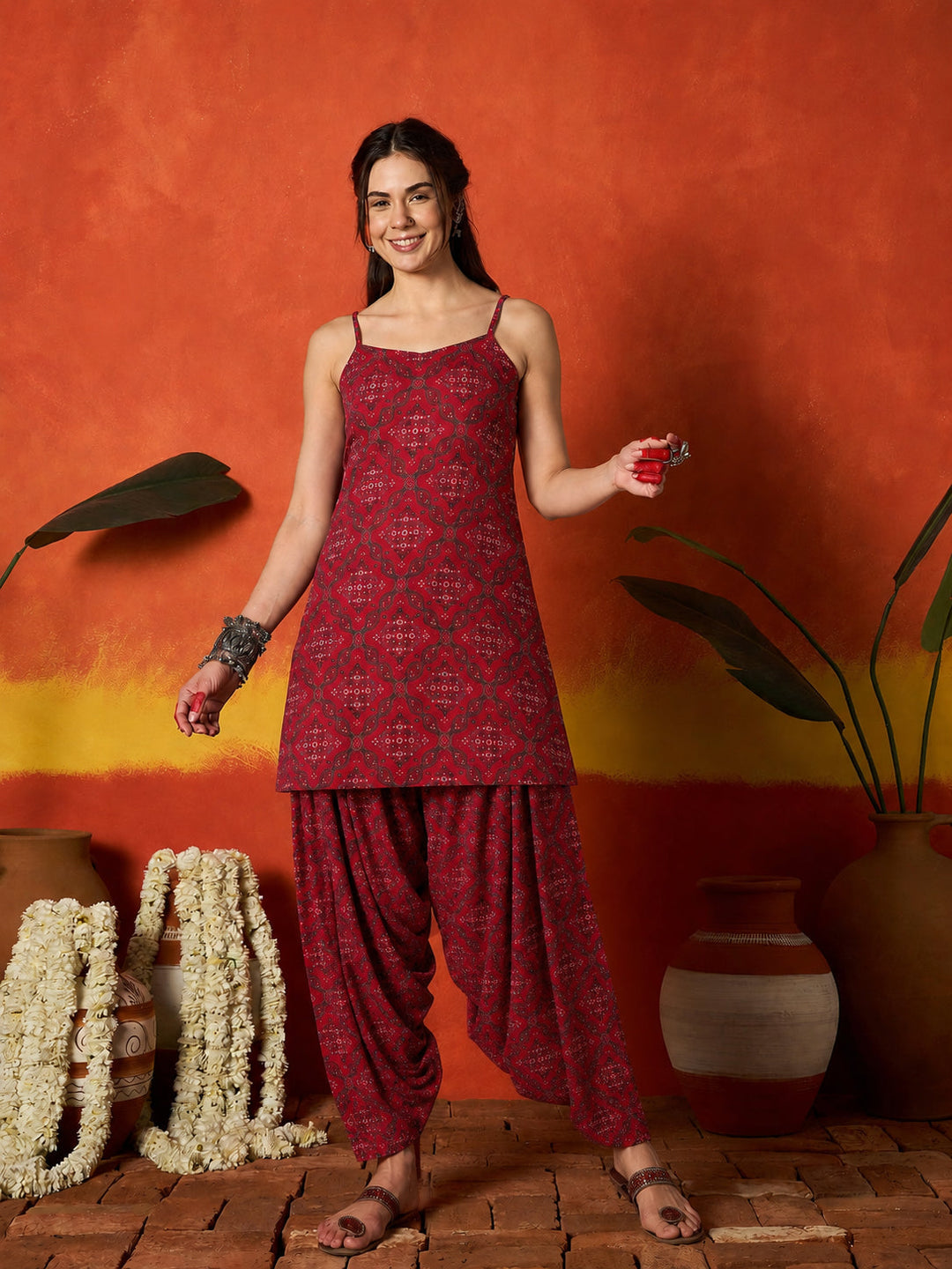 Red Bandhej Printed Reyon Straight Short Kurti With Farshi Salwar
