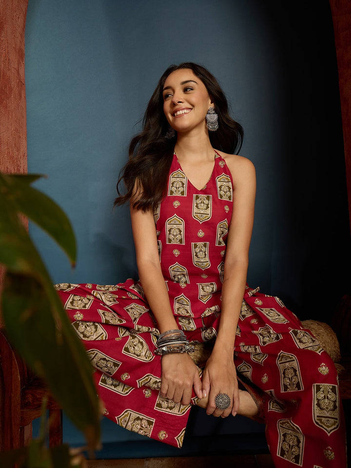 Red Printed Pure Cotton Short Kurti With Farshi Salwar